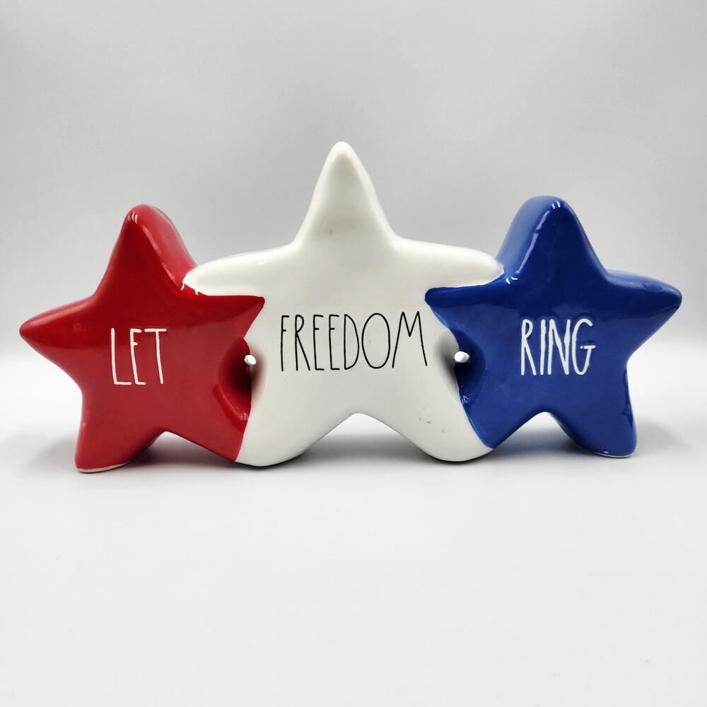 Rae Dunn Artisan Collection LET FREEDOM RING Ceramic Red White Blue Stars Decor